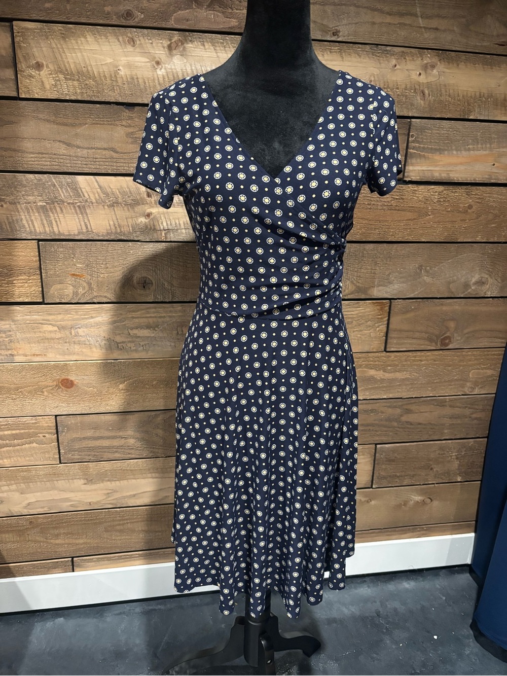 Kaileigh Navy with White and Yellow Polka Floral Faux-Wrap Midi Dress